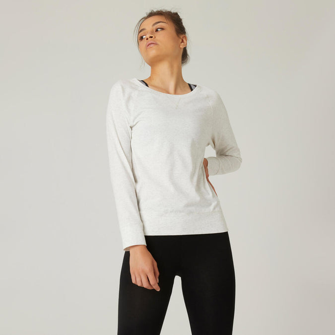 





Women's Long-Sleeved Straight-Cut Crew Neck Cotton Fitness T-Shirt 500 - Off-White, photo 1 of 6