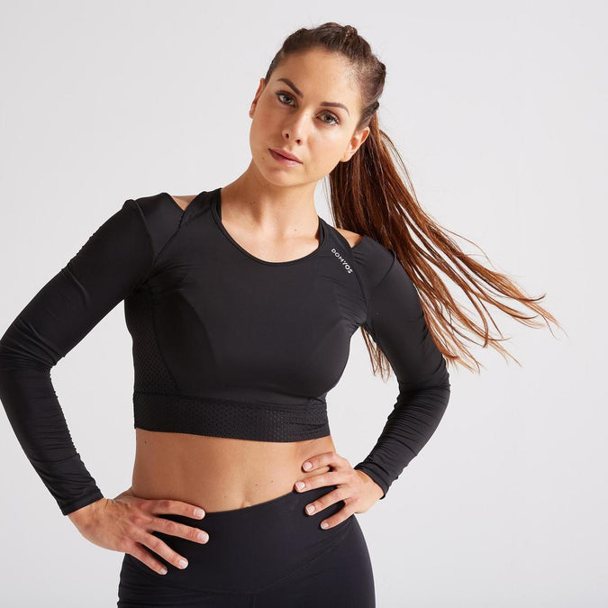 





Long-Sleeved Cropped Fitness Cardio T-Shirt - Black, photo 1 of 5