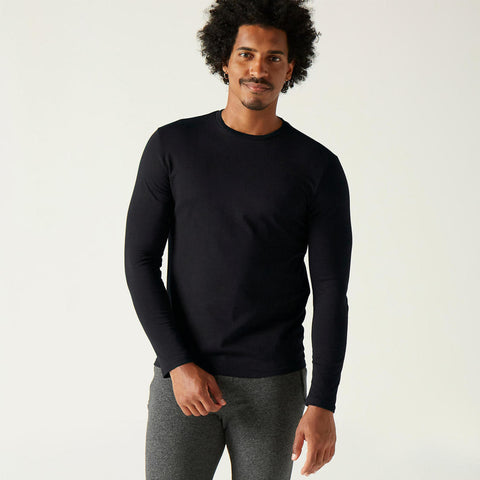 





Men's Long-Sleeved Straight-Cut Crew Neck Cotton Fitness T-Shirt 100 - Black