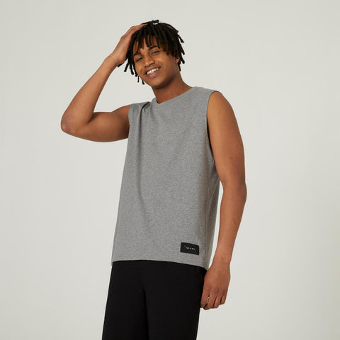 





Men's Straight-Cut Crew Neck Stretchy Cotton Fitness Tank Top 500 Cosmeto - Mottled Grey