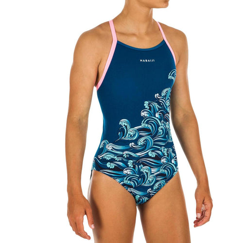 Women One-Piece Swimsuit – Kamiye+ 500 Blue/Green - Dark blue, Fluo lime  yellow - Nabaiji - Decathlon