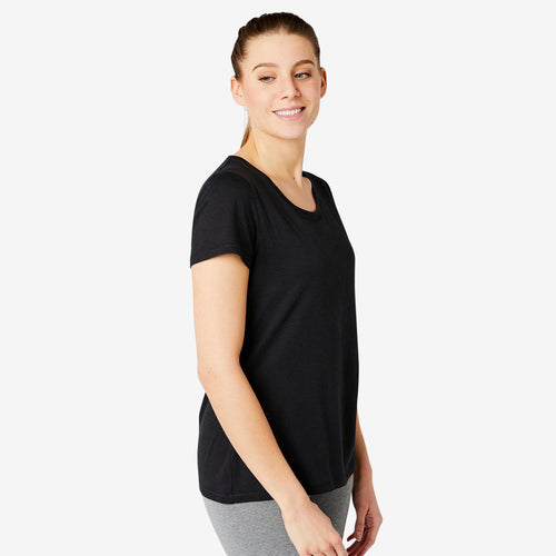 





Women's Short-Sleeved Straight-Cut Crew Neck Cotton Fitness T-Shirt 500 - Black