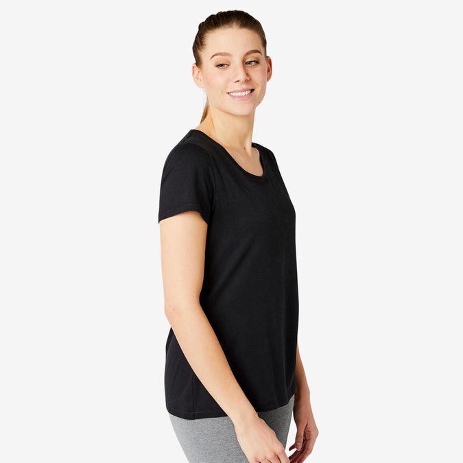 





Women's Short-Sleeved Straight-Cut Crew Neck Cotton Fitness T-Shirt 500 - Black, photo 1 of 8